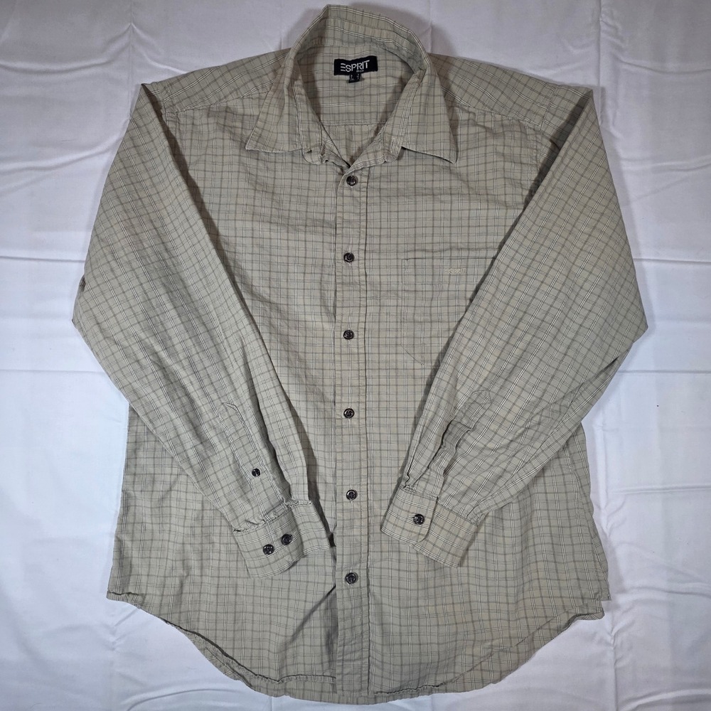 Esprit Men Tan Olive Green Grid Plaid Long Sleeve Button Down Shirt Large
